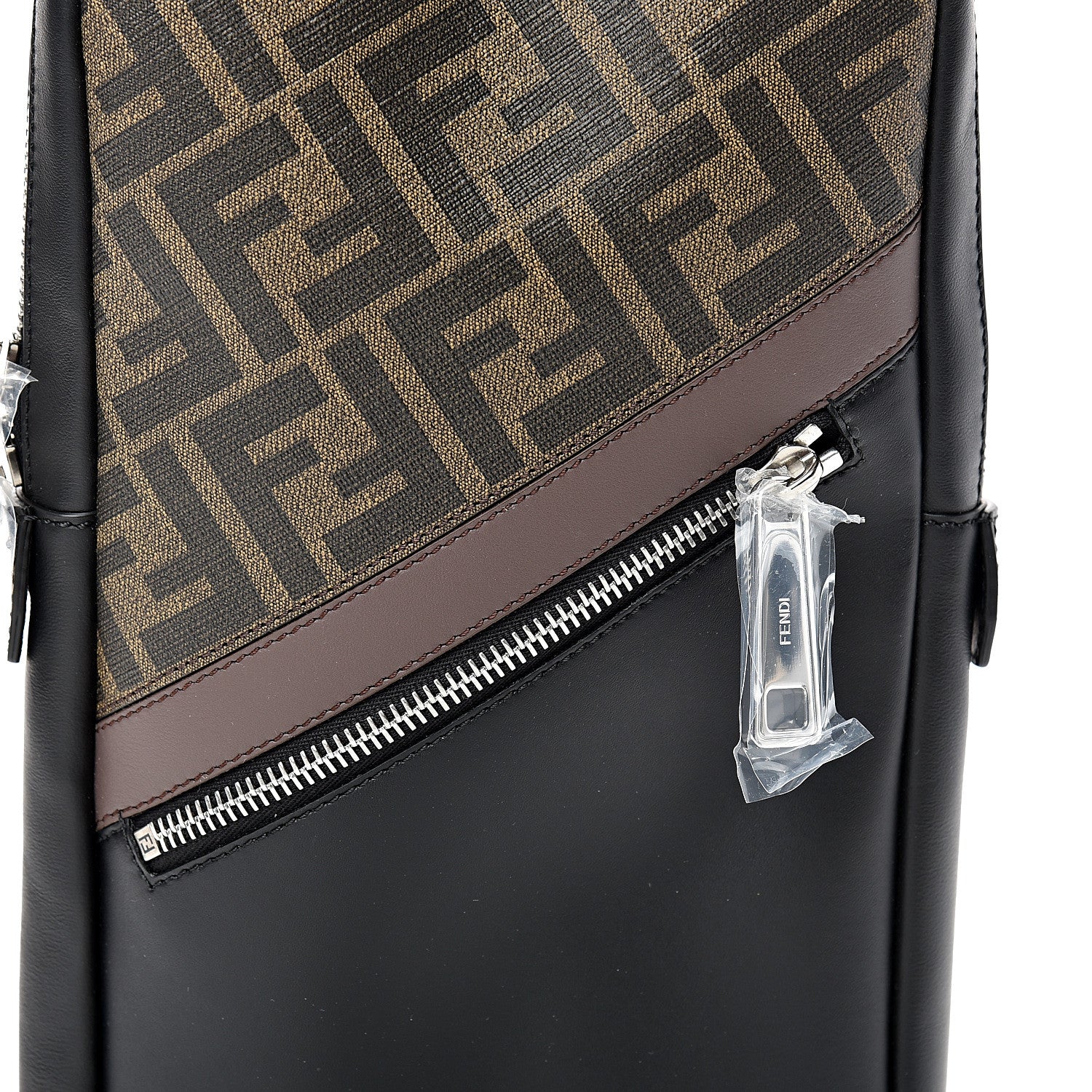 Fendi Glazed Fabric Vitello Liberty FF 1974 Diagonal Sling Bag Tobacco Moresco Black 7 of 9