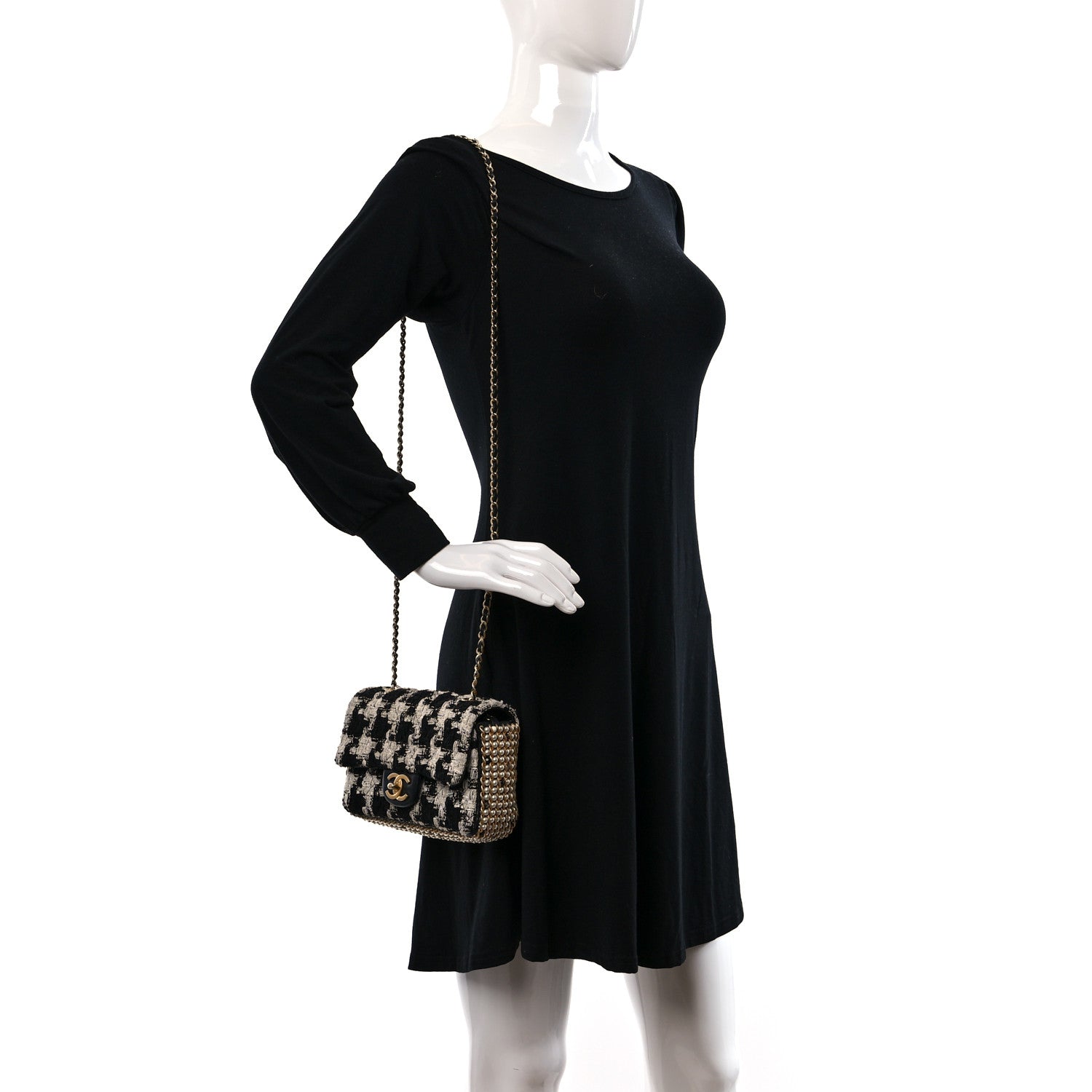 Chanel Tweed Quilted Mini Side Pearl Flap Bag Black Ecru White 2 of 11