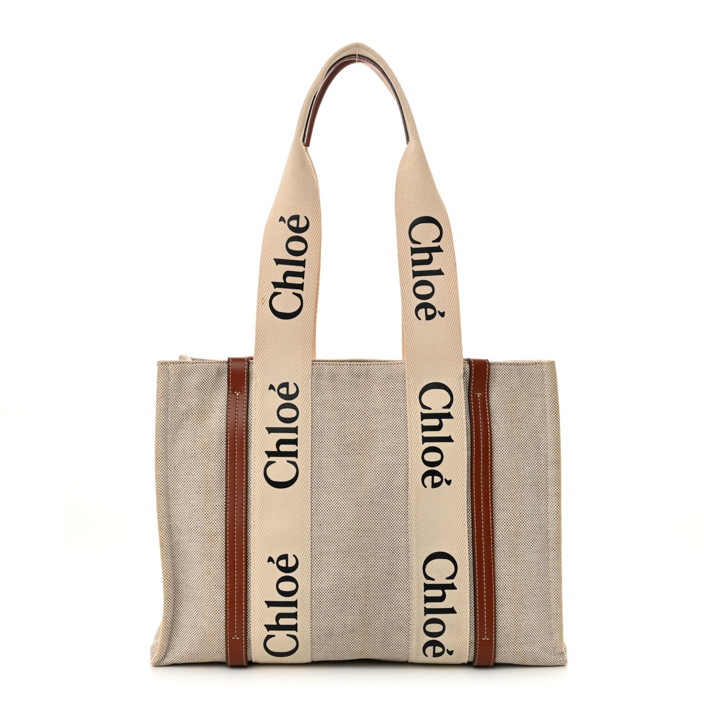 Linen Calfskin Medium Woody Ribbon Tote White Brown
