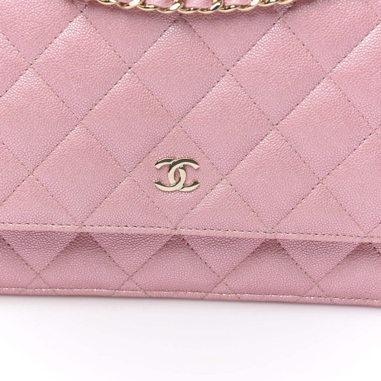 Iridescent Caviar Quilted Wallet on Chain WOC Rose Pink