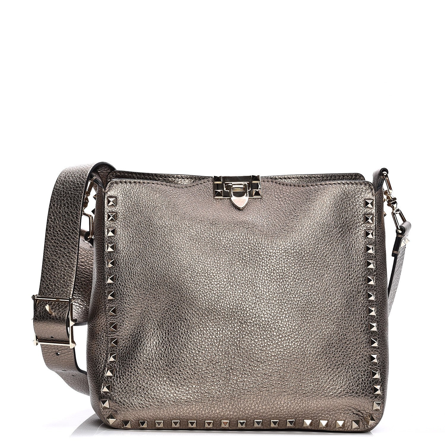 Valentino Garavani Metallic Pebbled Calfskin Small Rockstud Flip-Lock Messenger Bag Sasso 1 of 7