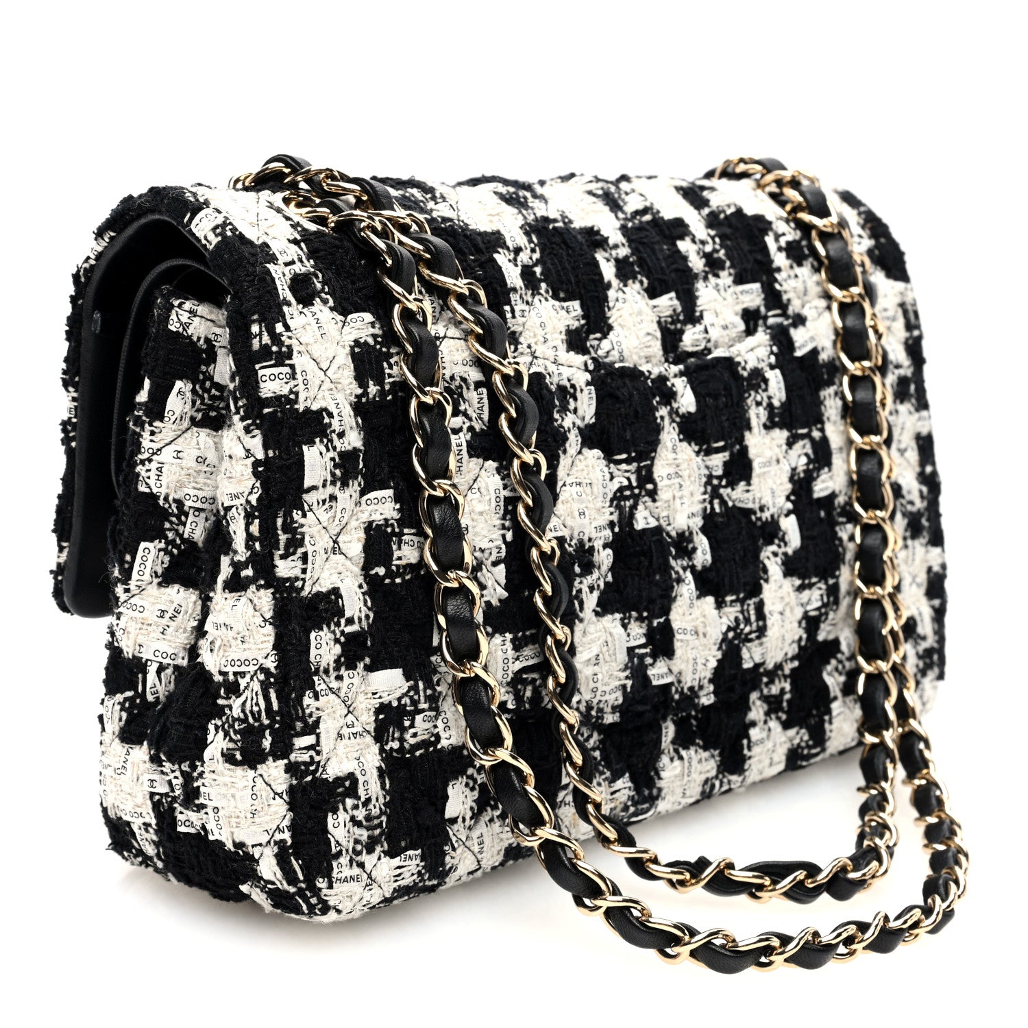 Chanel Tweed Quilted Medium Double Flap Black Ecru White 3 of 10