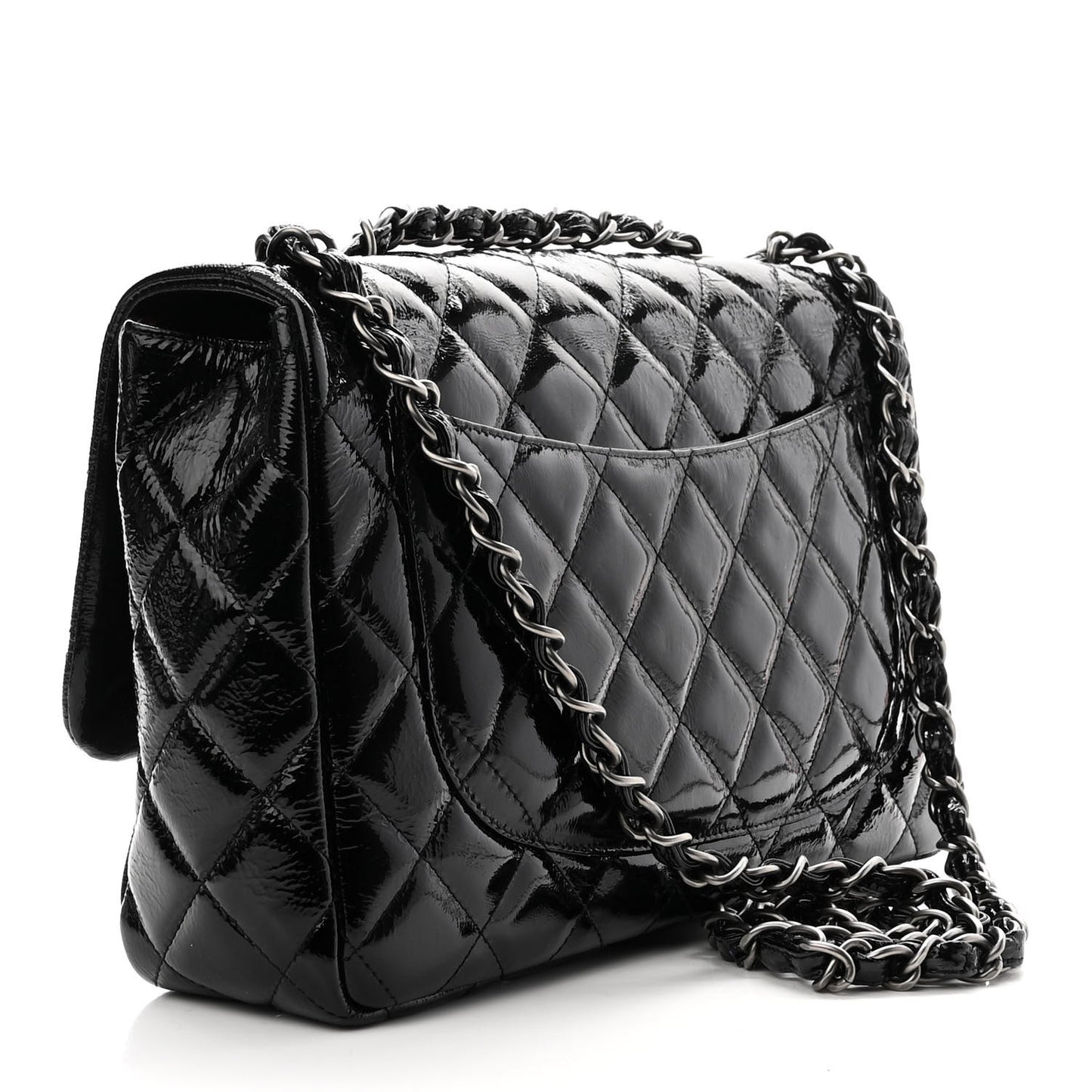 Crinkled Patent Quilted Jumbo Single Flap Black