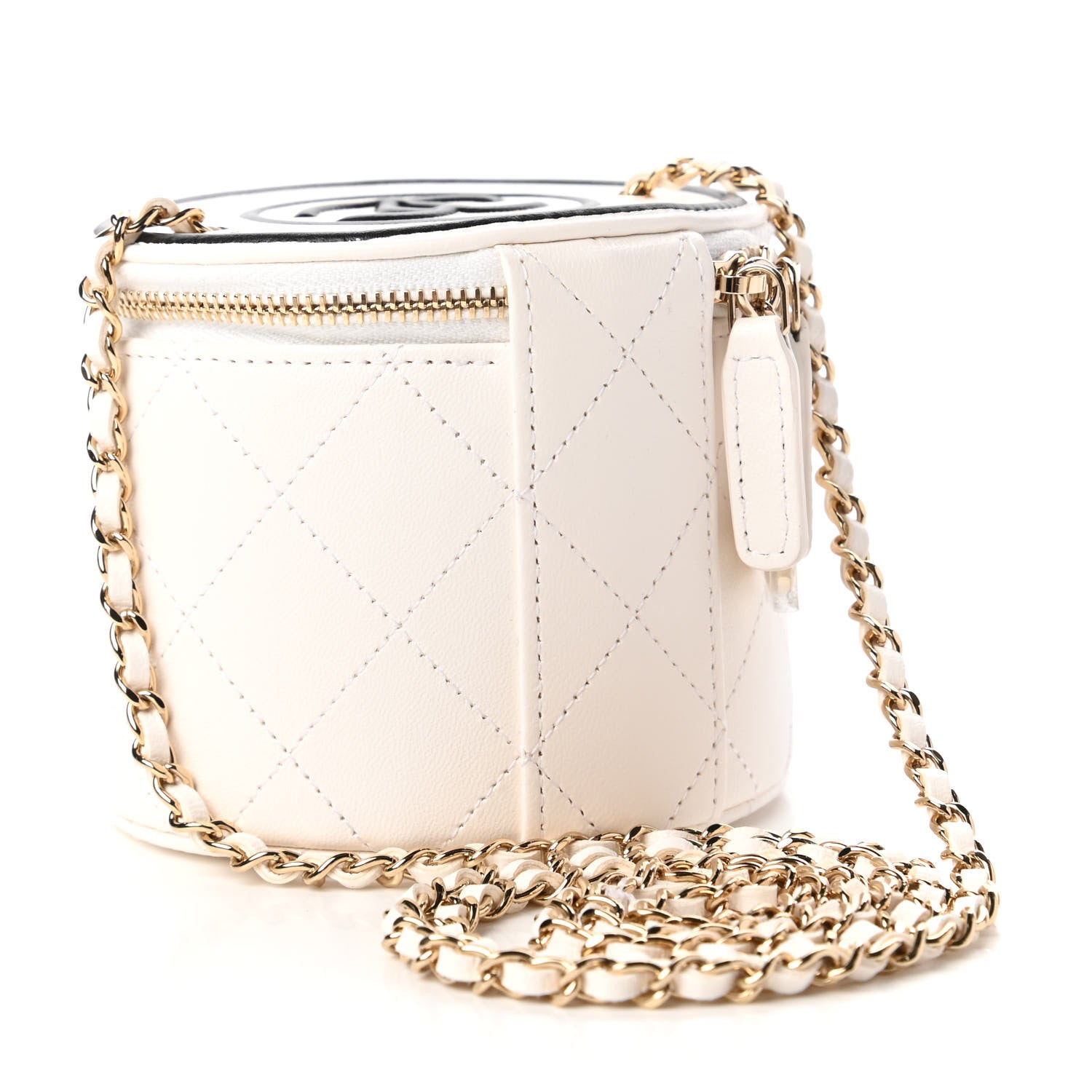 Chanel Lambskin Quilted Round Small Vanity Case With Chain White Black 3 of 12