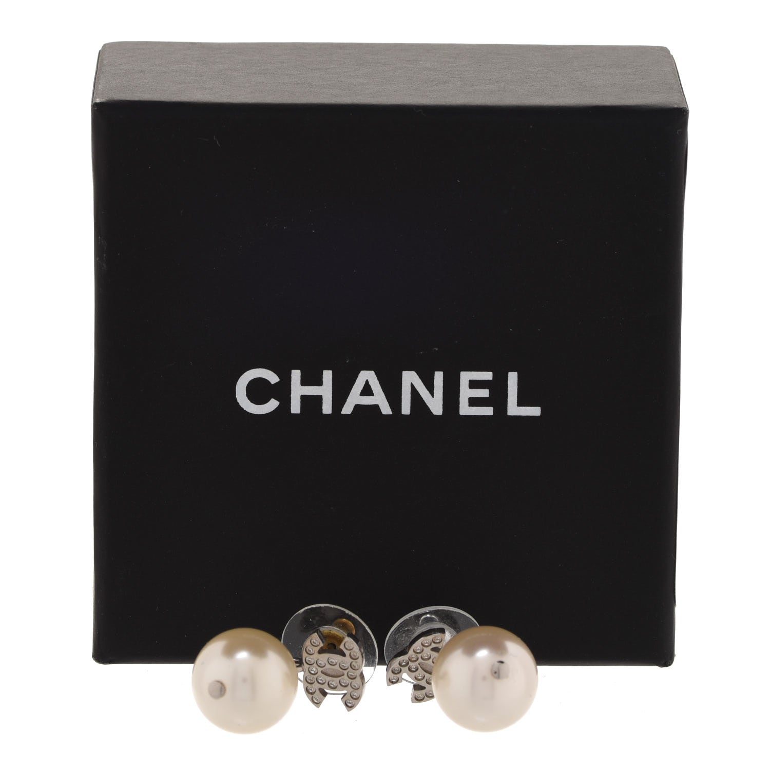 Chanel Crystal Pearl CC Drop Earrings Silver Pearly White 5 of 5