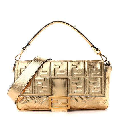 Fendi Vitello Catalan Mirror FF 1974 Embossed Large Baguette Gold 1 of 12