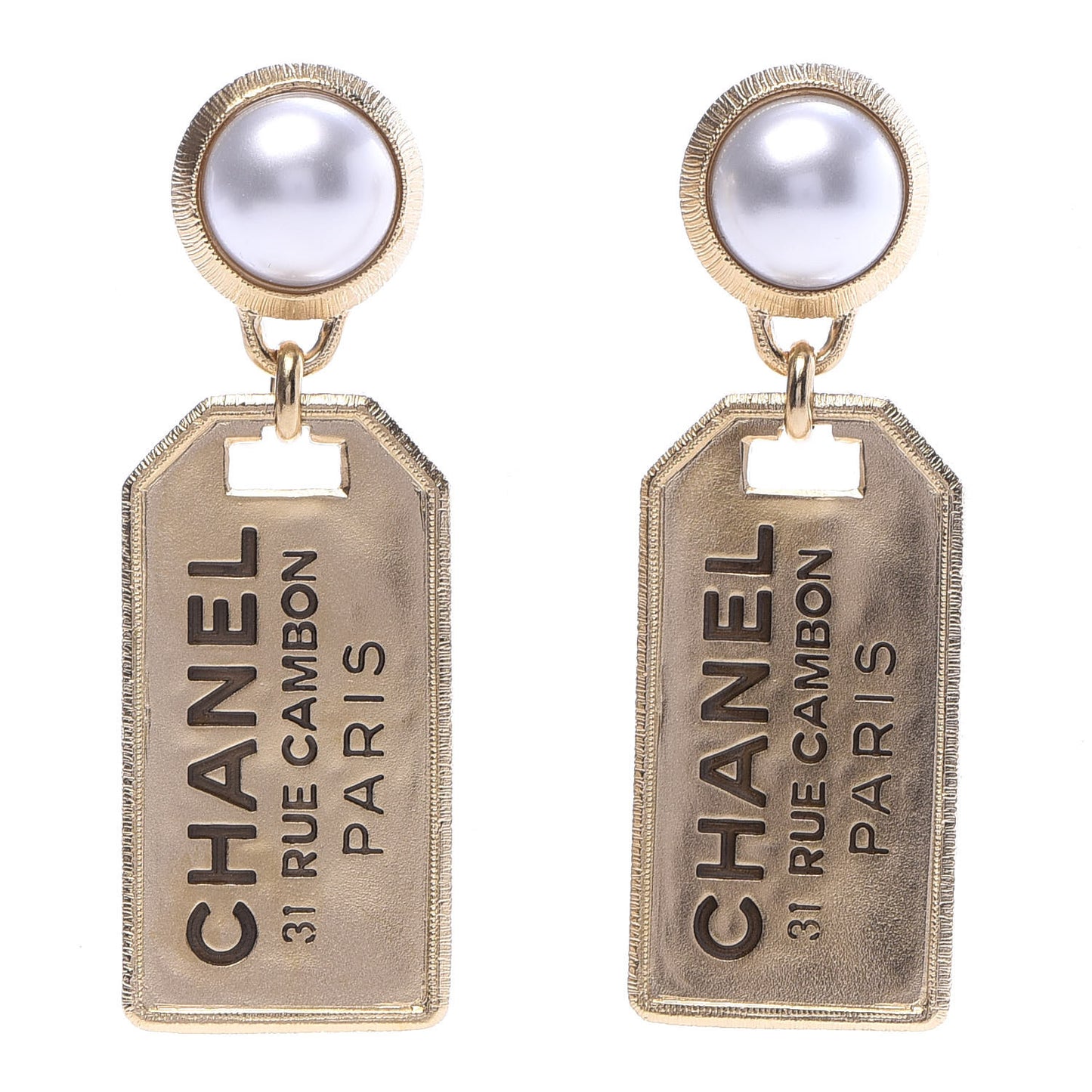 Pearl CC Tags Drop Earrings Gold