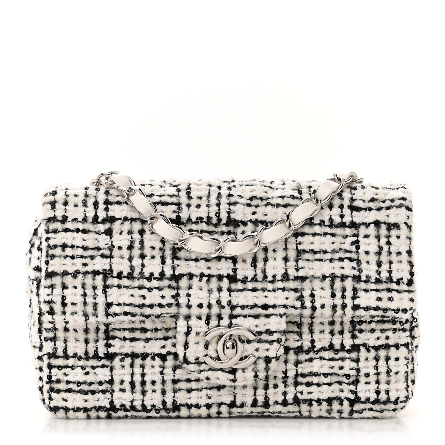 Tweed Quilted Mini Rectangular Flap White Black