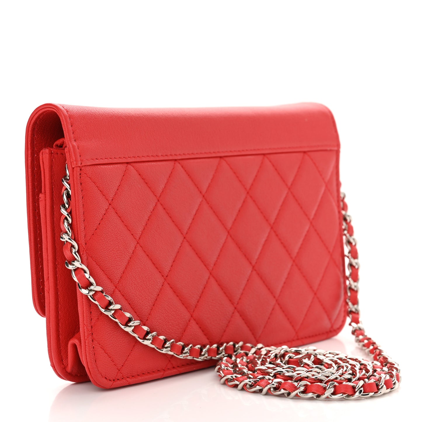 Grained Calfskin Quilted CC Box Wallet On Chain WOC Red