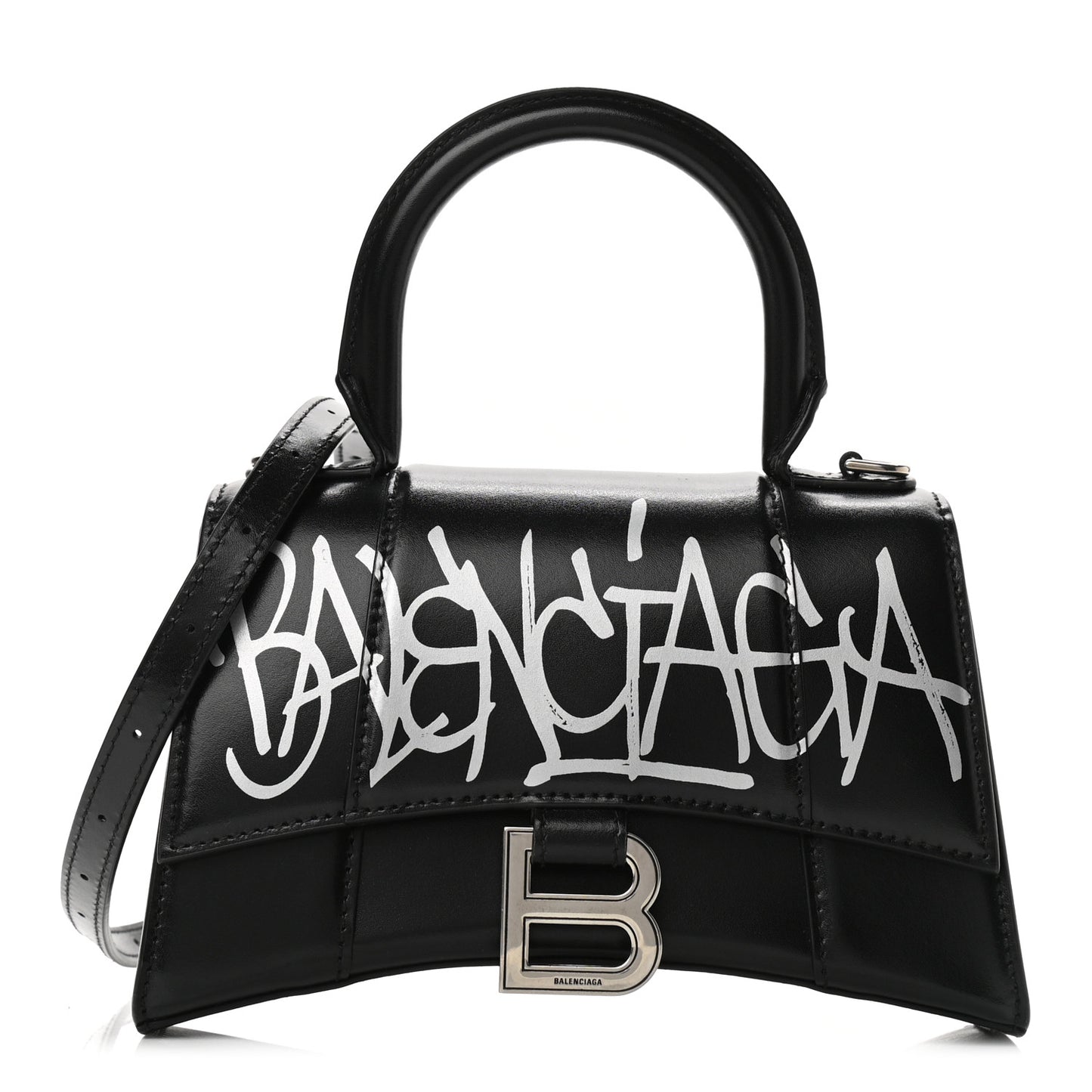 Box Calfskin Graffiti Logo Hourglass Top Handle Bag XS Black Silver