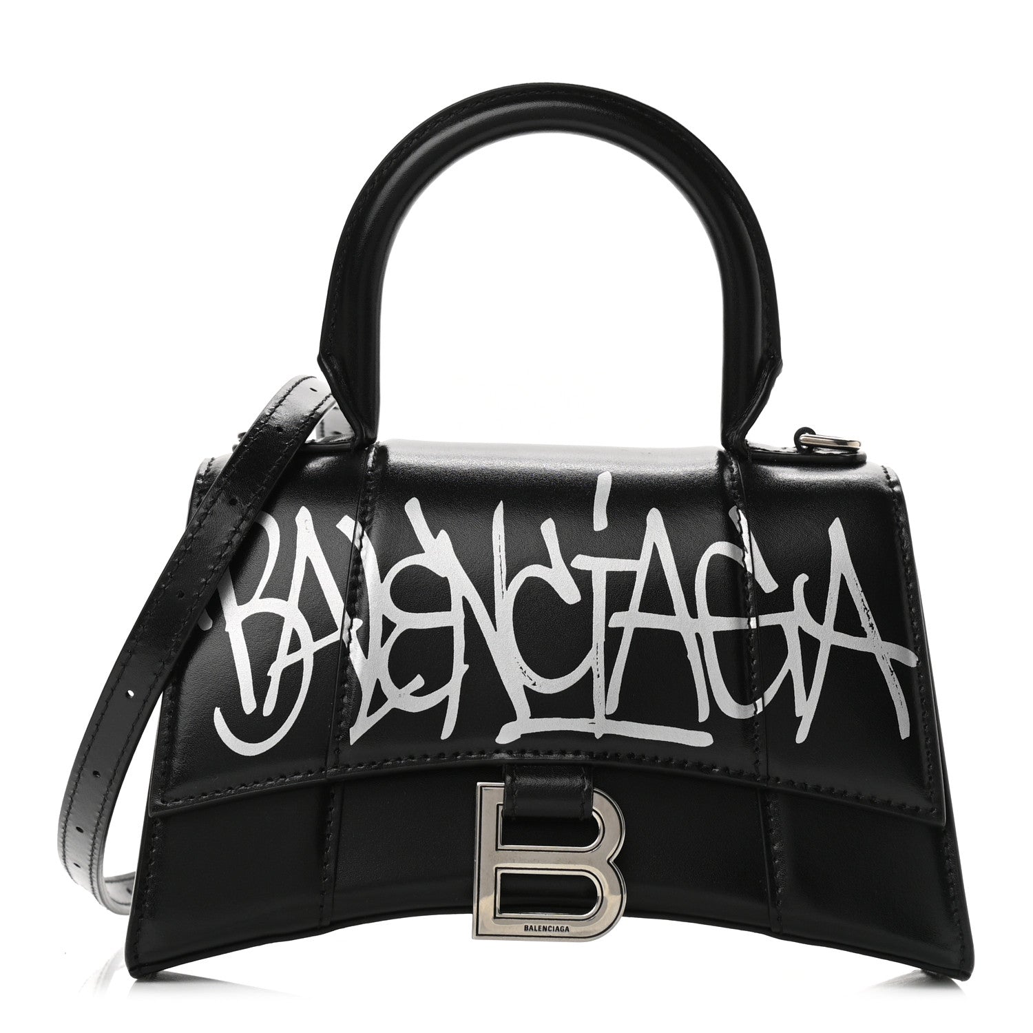 Balenciaga Box Calfskin Graffiti Logo Hourglass Top Handle Bag XS Black Silver 1 of 10