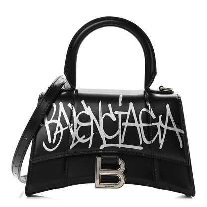 Balenciaga Box Calfskin Graffiti Logo Hourglass Top Handle Bag XS Black Silver 1 of 10