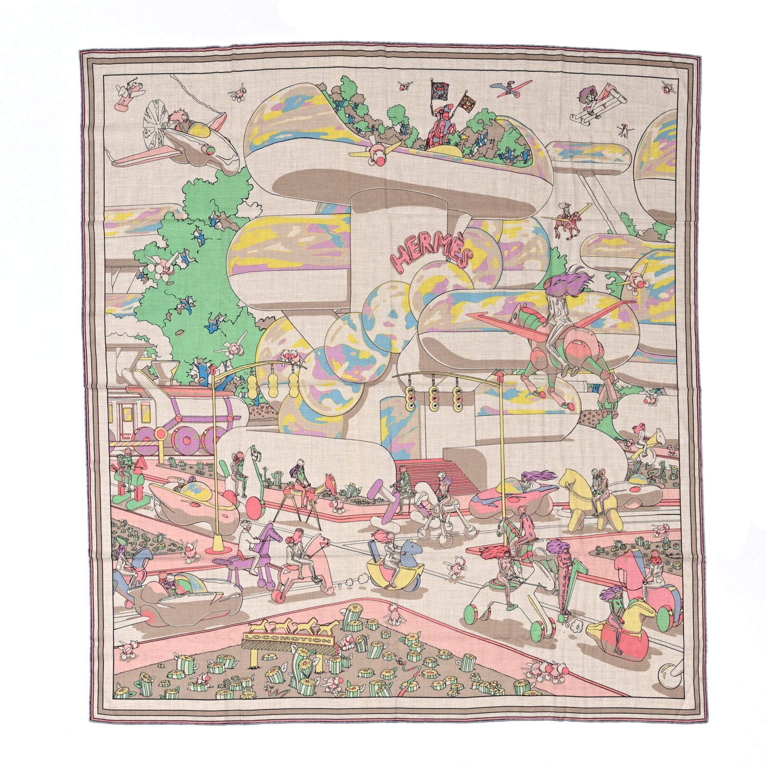 Hermes Cashmere Silk Locomotion Shawl 140 Naturel Vert Jaune 1 of 4