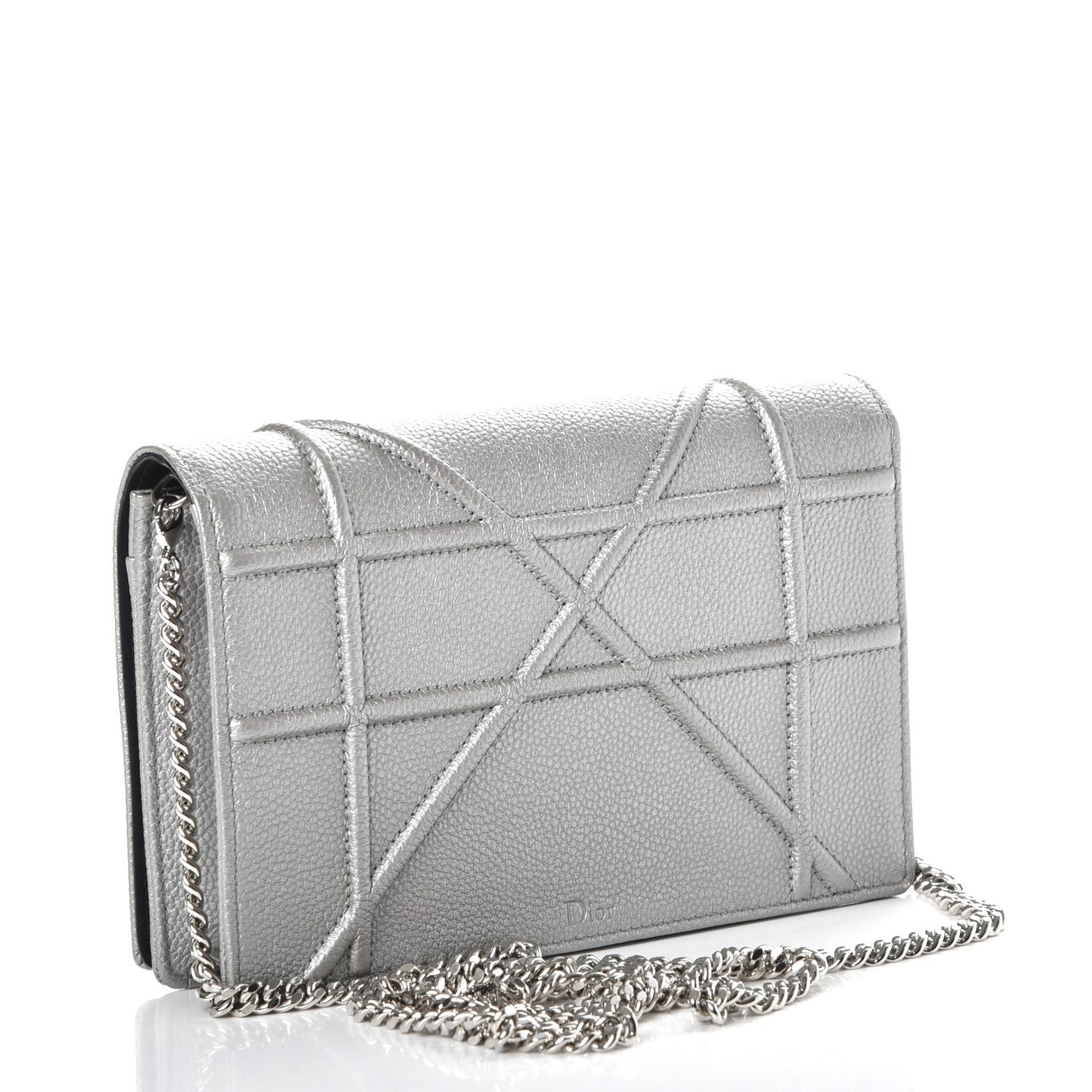 Metallic Grained Calfskin Diorama Wallet on Chain Pouch Silver
