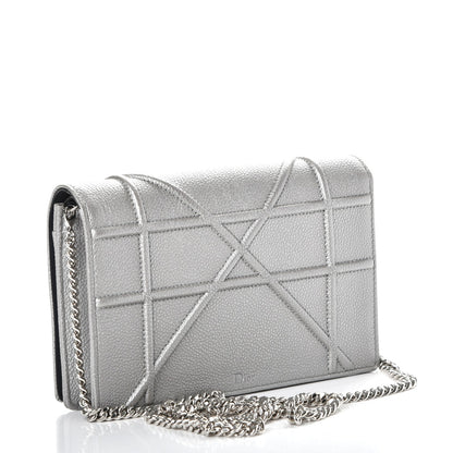 Christian Dior Metallic Grained Calfskin Diorama Wallet on Chain Pouch Silver 3 of 8