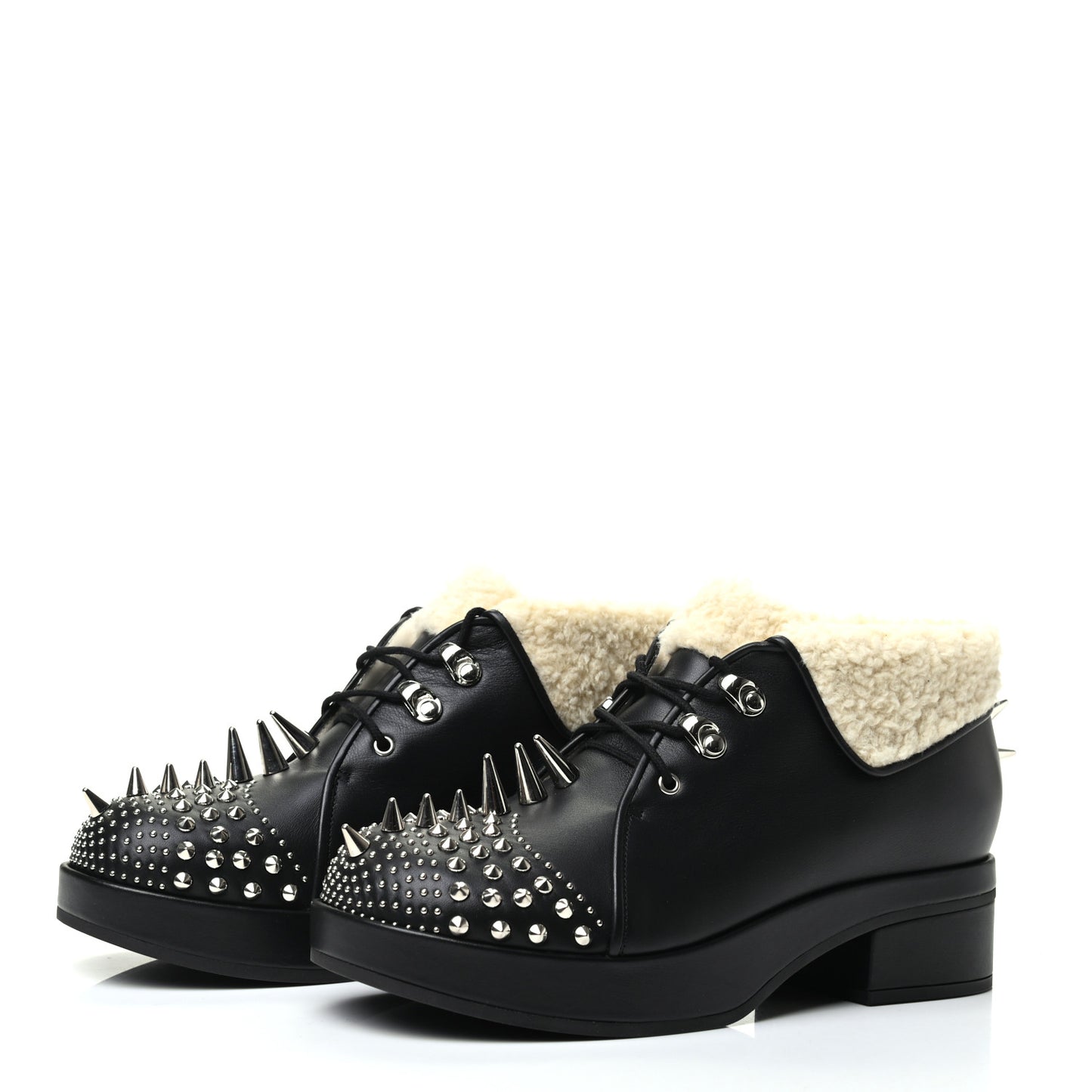 Calfskin Faux Shearling Studded Victor Ankle Boots 38.5 Black Mystic White
