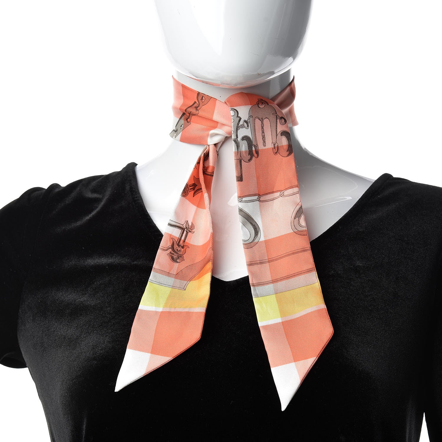 Hermes Silk Mors Et Gourmettes Vichy Twilly Saumon Citron Blanc 2 of 8