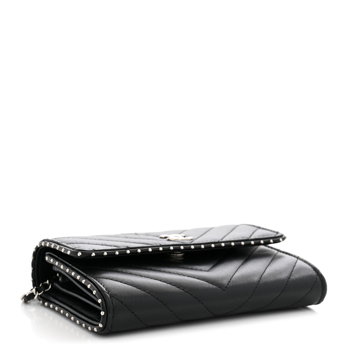 Lambskin Chevron Quilted Studded Wallet On Chain WOC Black