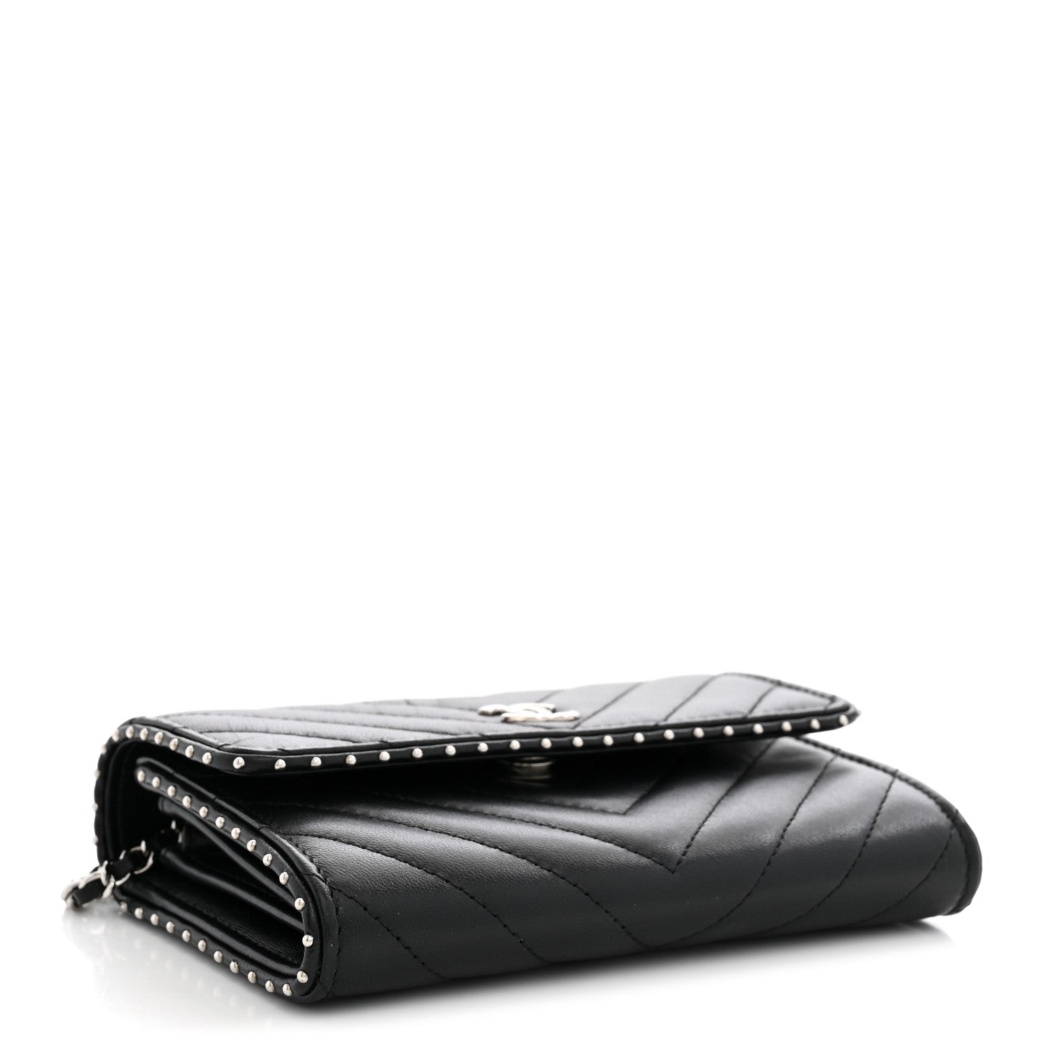Chanel Lambskin Chevron Quilted Studded Wallet On Chain WOC Black 3 of 10