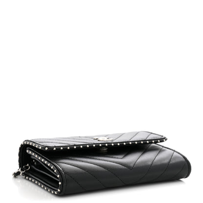 Chanel Lambskin Chevron Quilted Studded Wallet On Chain WOC Black 3 of 10