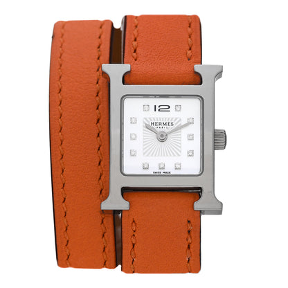Hermes Stainless Steel Swift Diamond Mother of Pearl 17.2mm Heure H Hour Double Tour Quartz Watch Orange 1 of 6