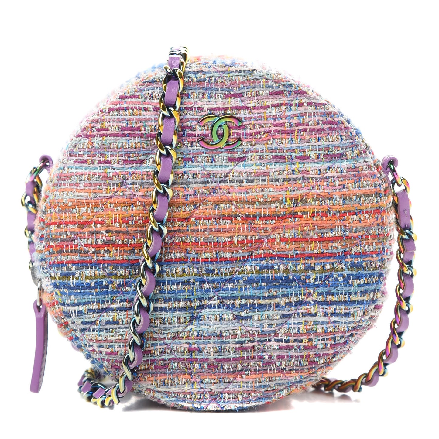 Tweed Quilted Round Clutch With Chain Blue Pink Orange