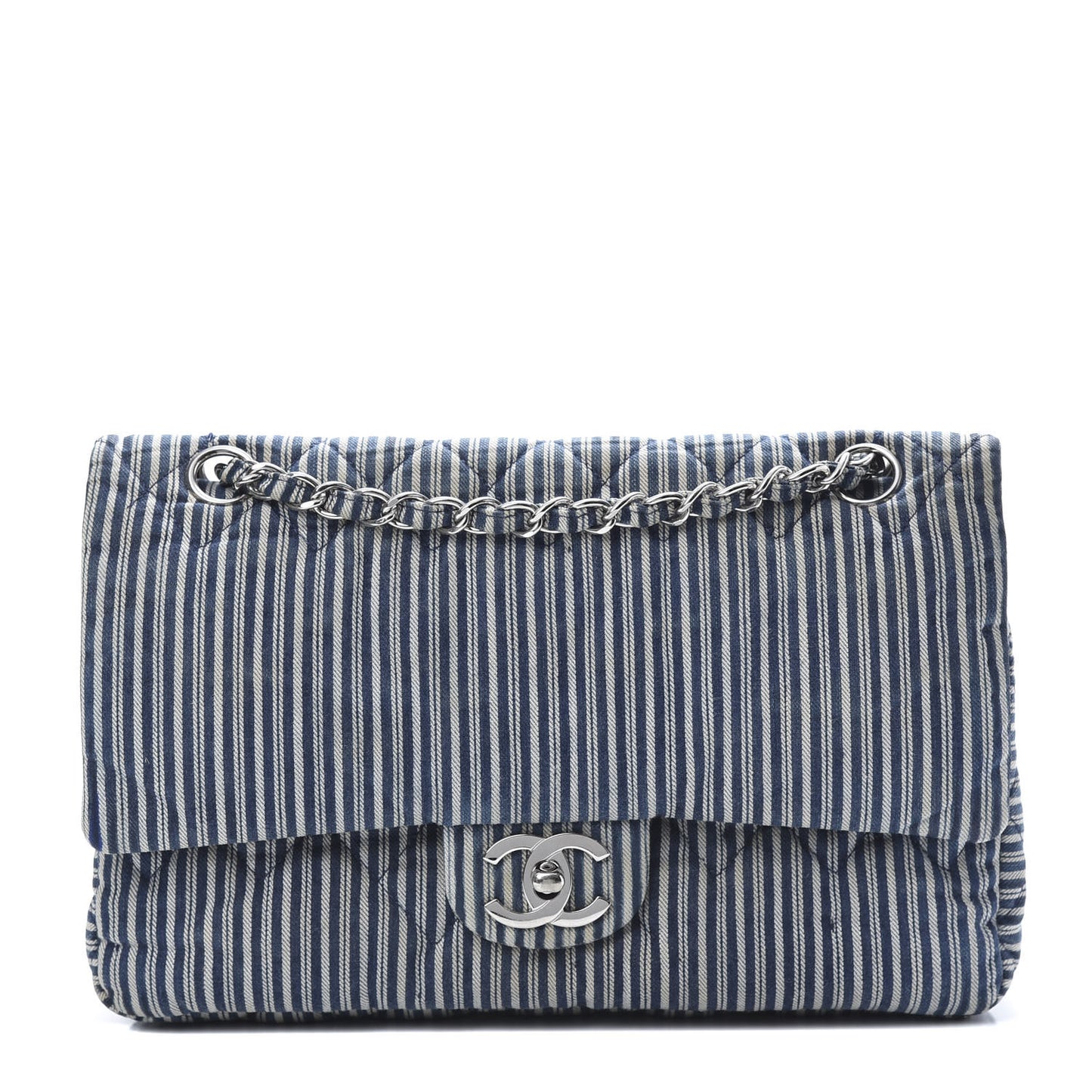 Denim Striped Quilted Medium Double Flap Navy White