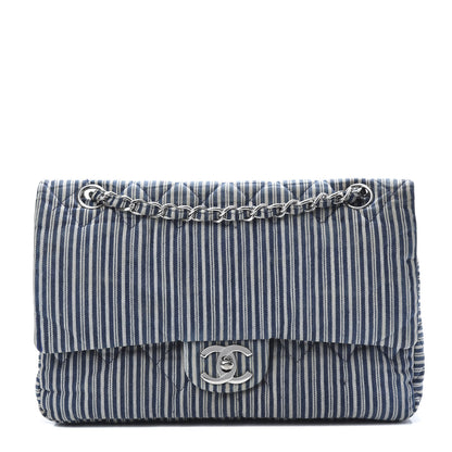 Chanel Denim Striped Quilted Medium Double Flap Navy White 1 of 11