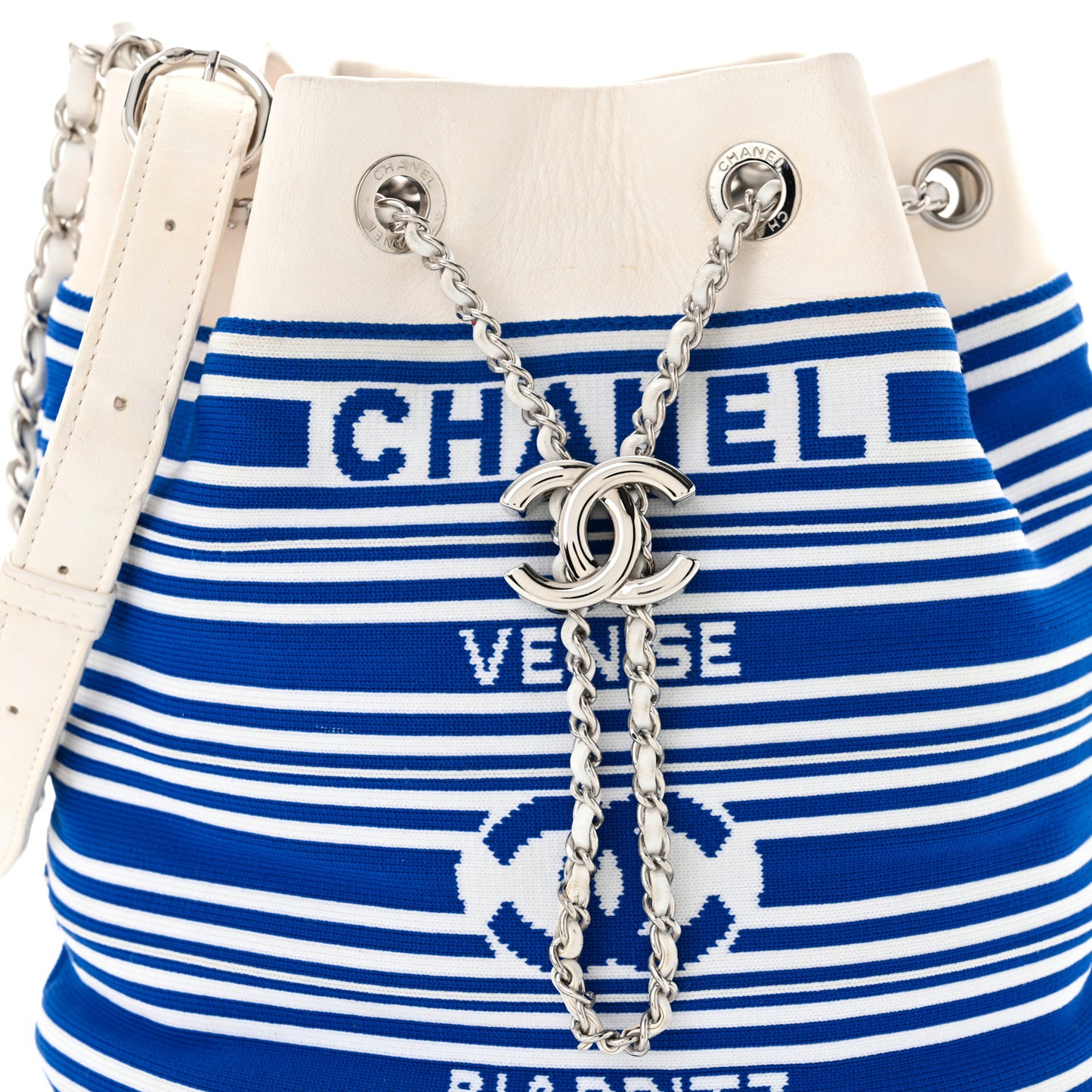 Mixed Fibers Lambskin Venise Biarritz Drawstring Bucket Bag Blue White
