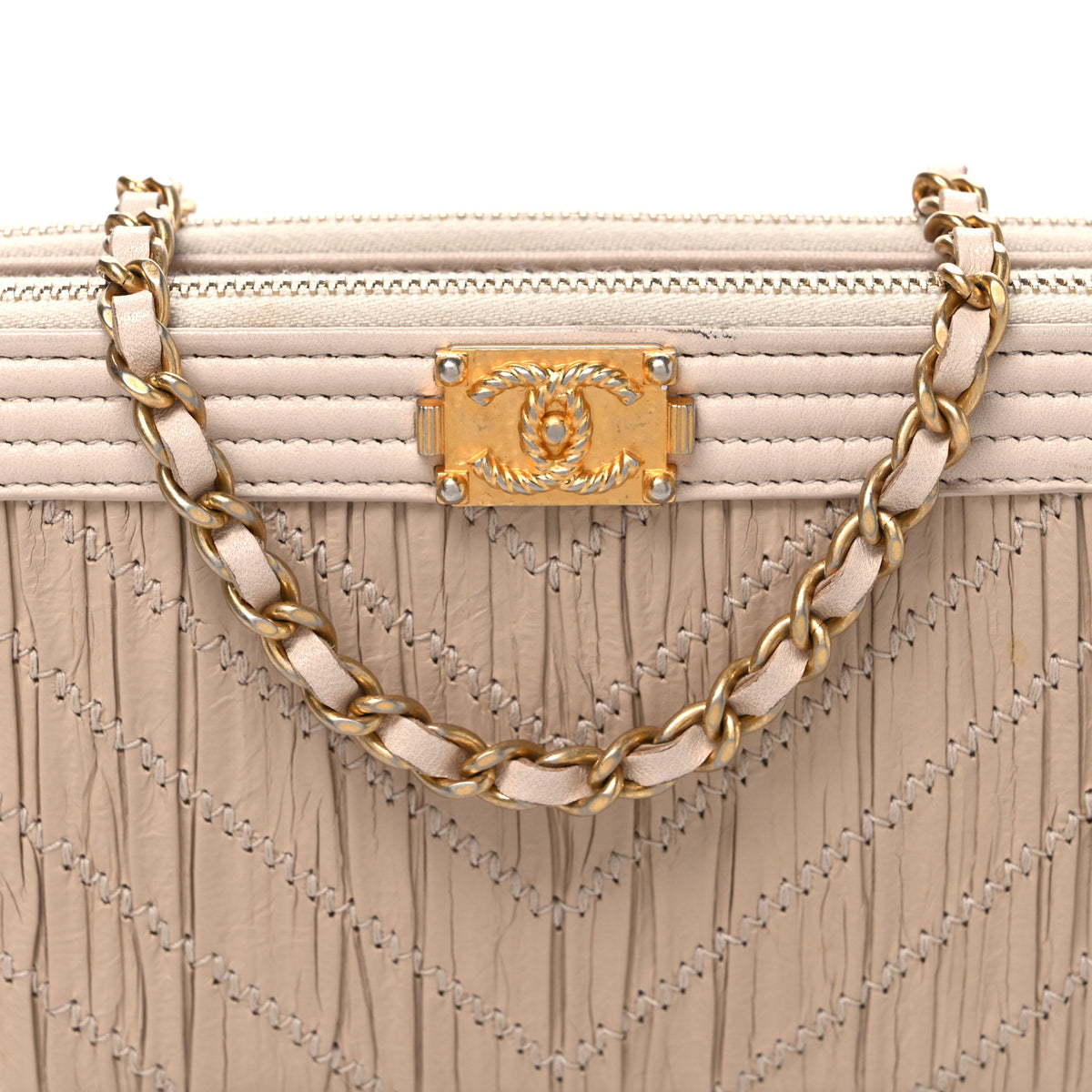 Crumpled Lambskin Chevron Quilted Pleated Small Boy Clutch With Chain Beige