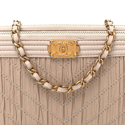 Chanel Crumpled Lambskin Chevron Quilted Pleated Small Boy Clutch With Chain Beige 9 of 11