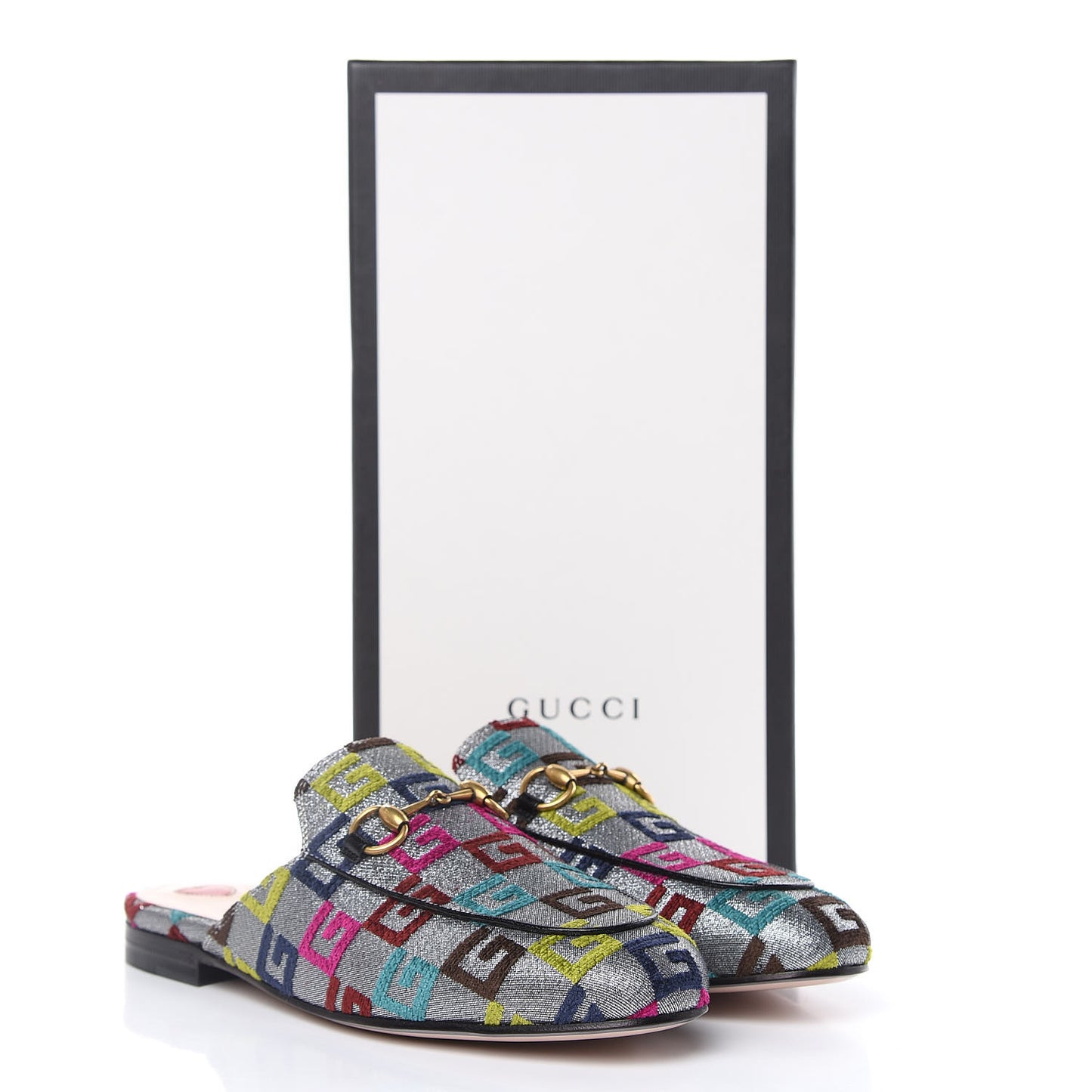 Velvet Lurex Square G Womens Princetown Slippers 37 Silver Multicolor