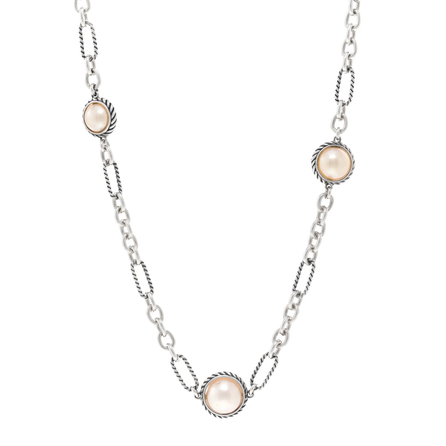 David Yurman Sterling Silver Pearl Cable Figaro Chain Necklace 1 of 4