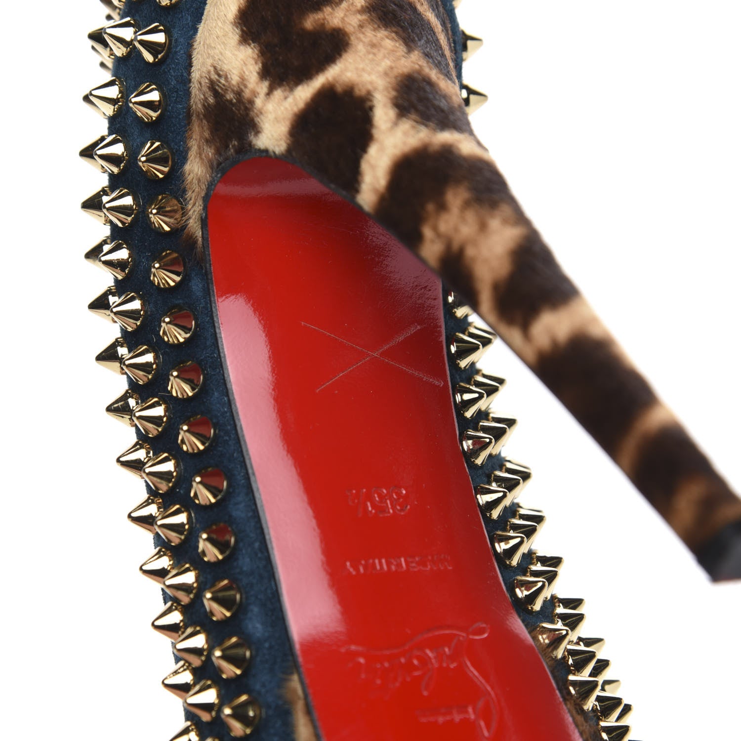 Christian Louboutin Veau Velours Calf Hair Leopard Lady Peep Spikes VIP 150 Pumps 35.5 Blue Khol Bronze 9 of 10