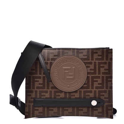 Fendi Glazed Fabric Vitello Century FF 1974 Stamp Patch Messenger Bag Mogano Panna Black 1 of 11