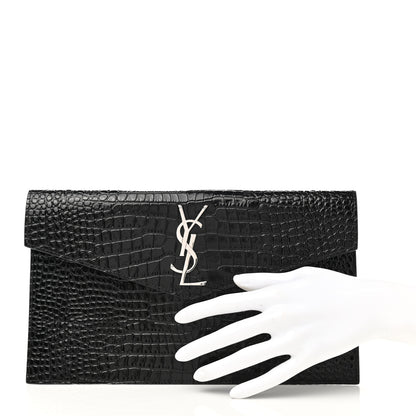 Saint Laurent Calfskin Crocodile Embossed Uptown Monogram Pouch Black 2 of 8