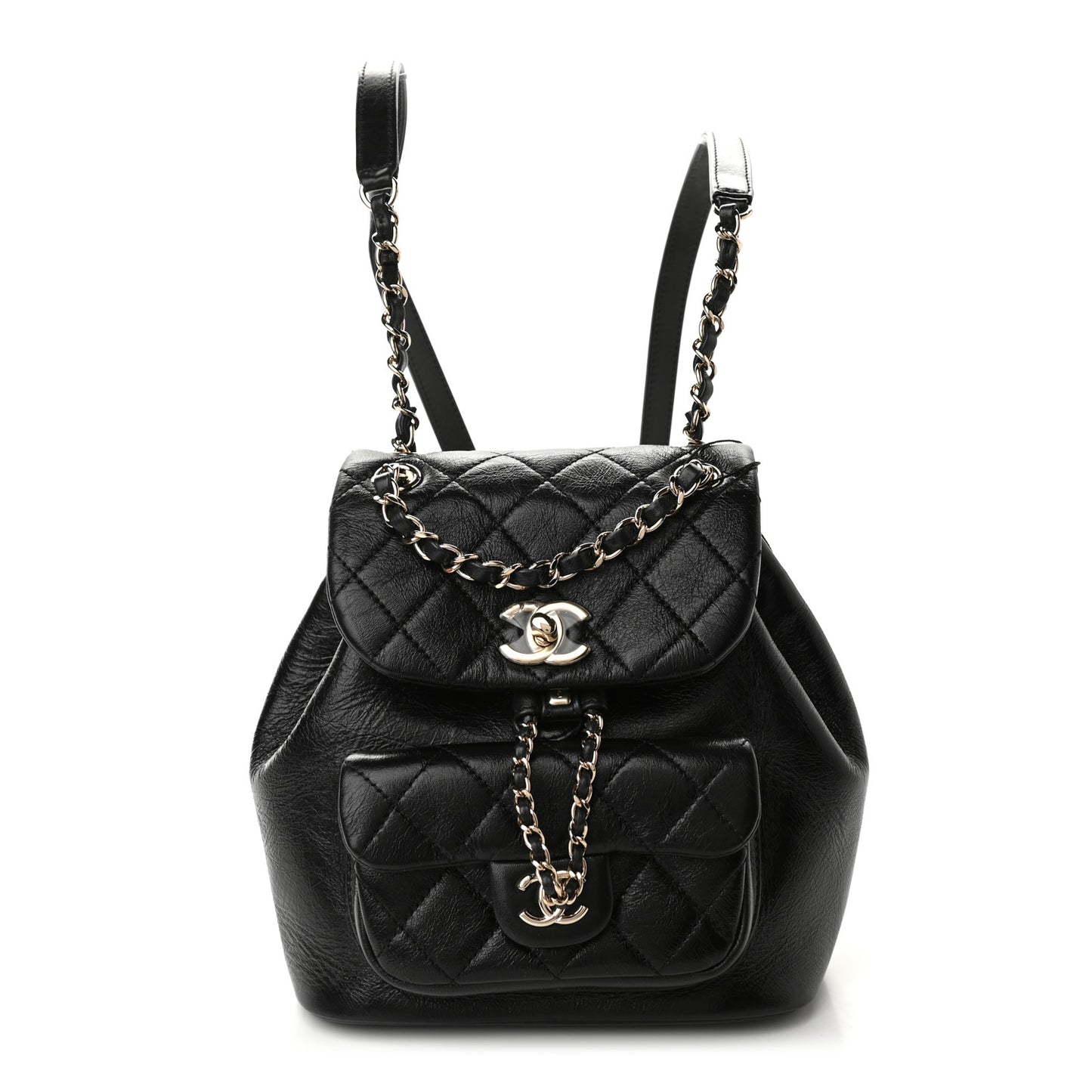 Glazed Aged Calfskin Quilted Small Duma Drawstring Backpack Black
