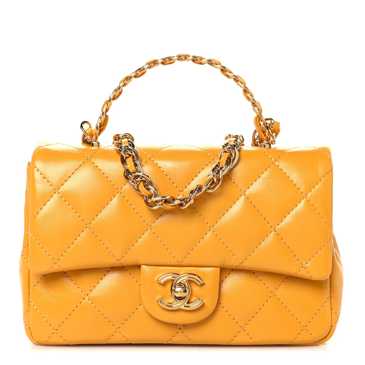 Chanel Shiny Lambskin Quilted Golden Links Top Handle Flap Yellow 1 of 10