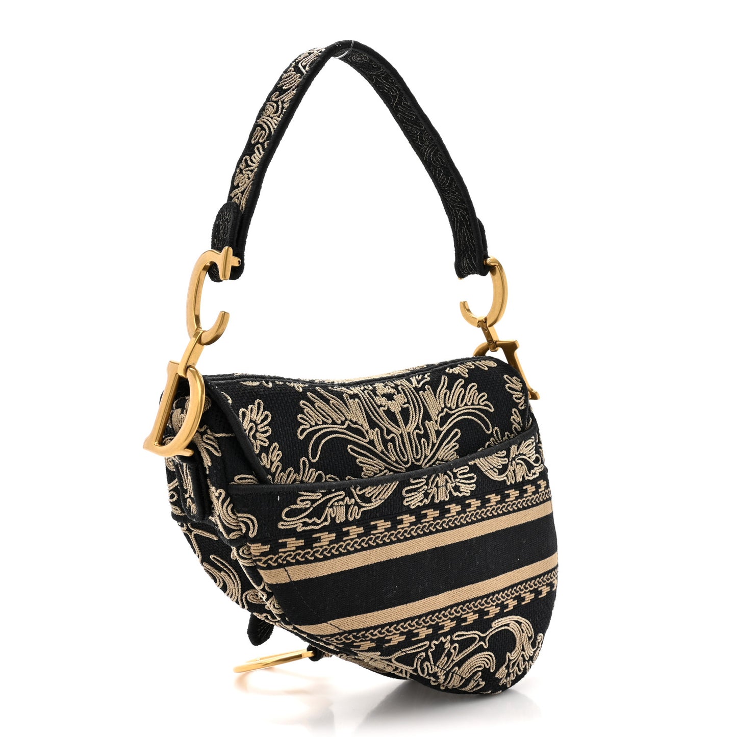 Canvas Embroidered Ornamental Cornely Saddle Bag Black Beige