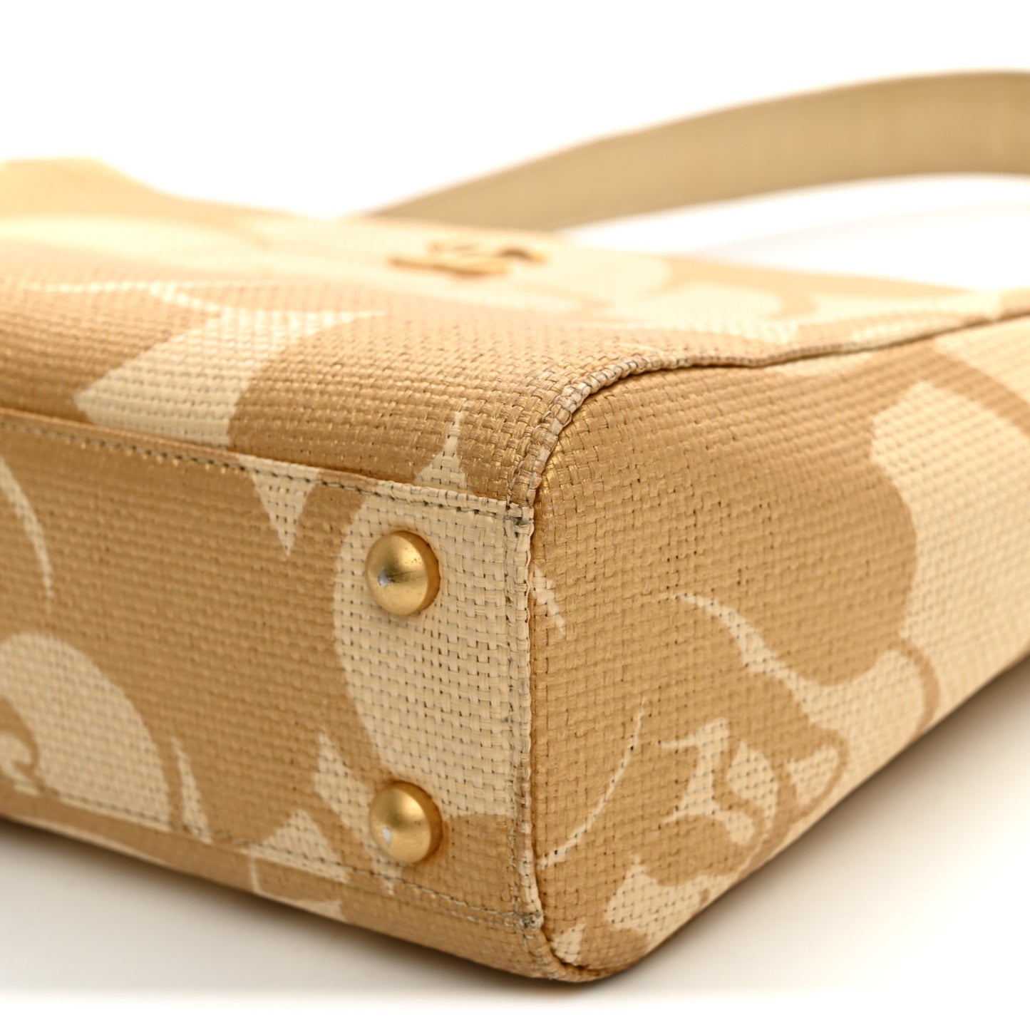 Woven Straw Camellia Print Shoulder Bag Gold