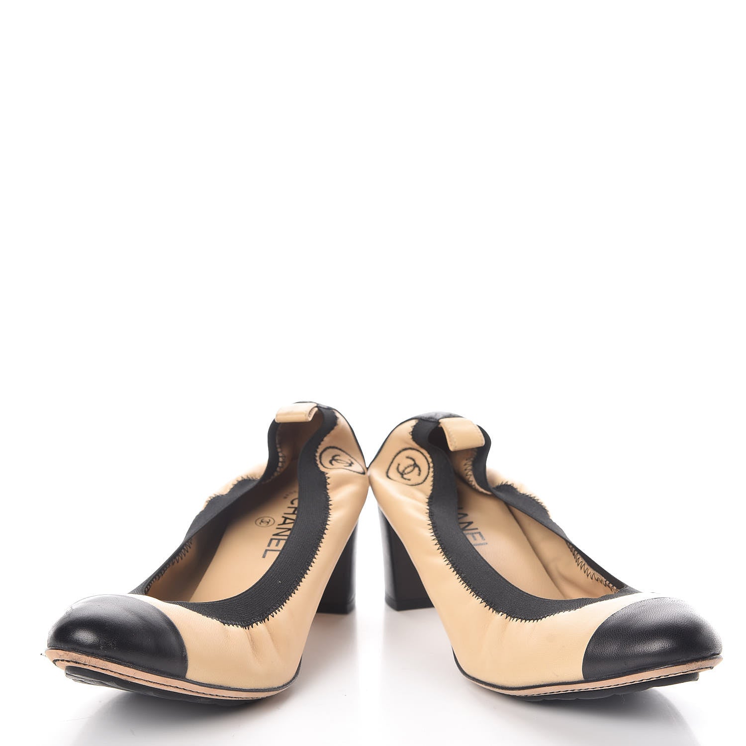 Chanel Lambskin Patent CC Elastic Stretch Pumps 41.5 Beige Black 6 of 11