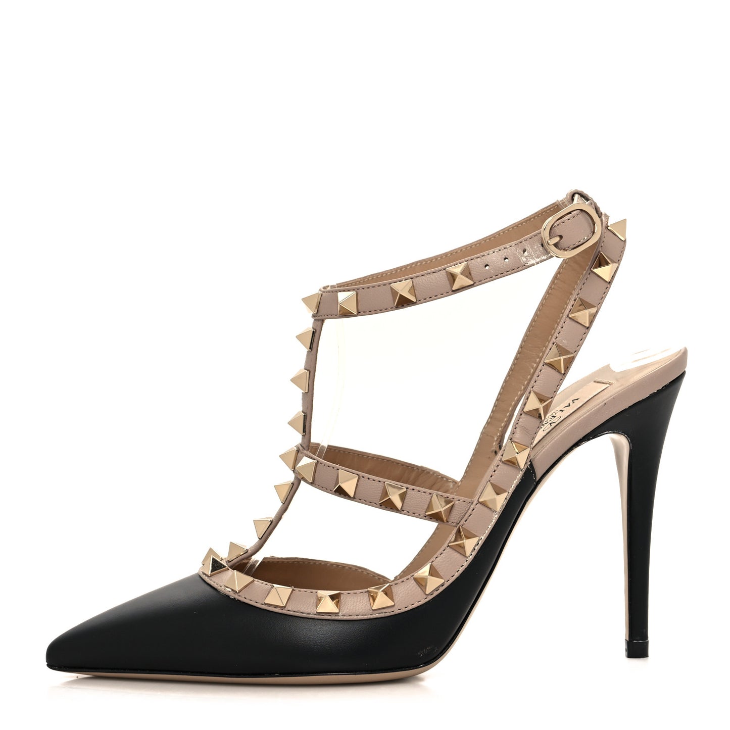 Calfskin Rockstud Ankle Strap 100mm Pumps 37.5 Black Poudre