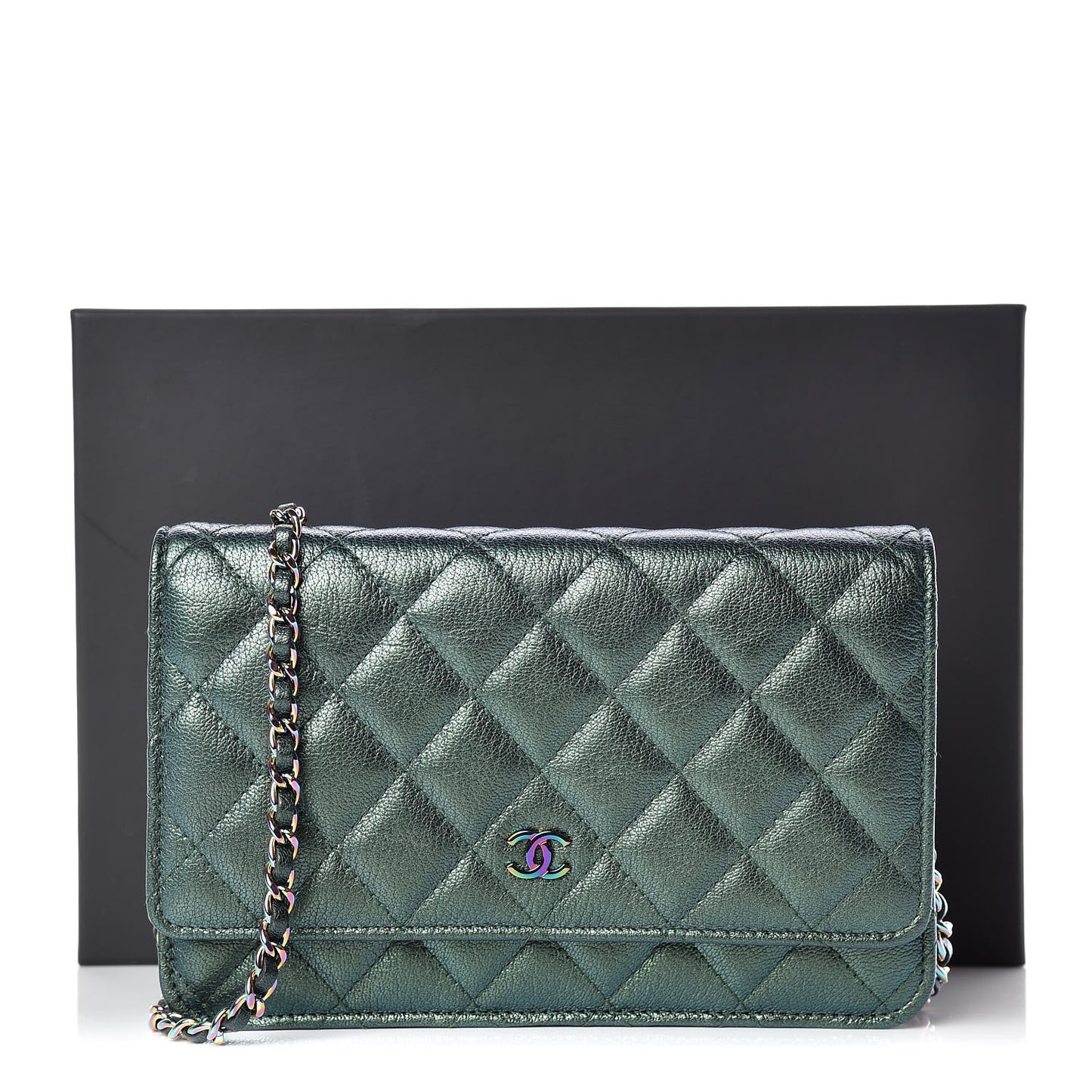Iridescent Goatskin Quilted Wallet On Chain WOC Green