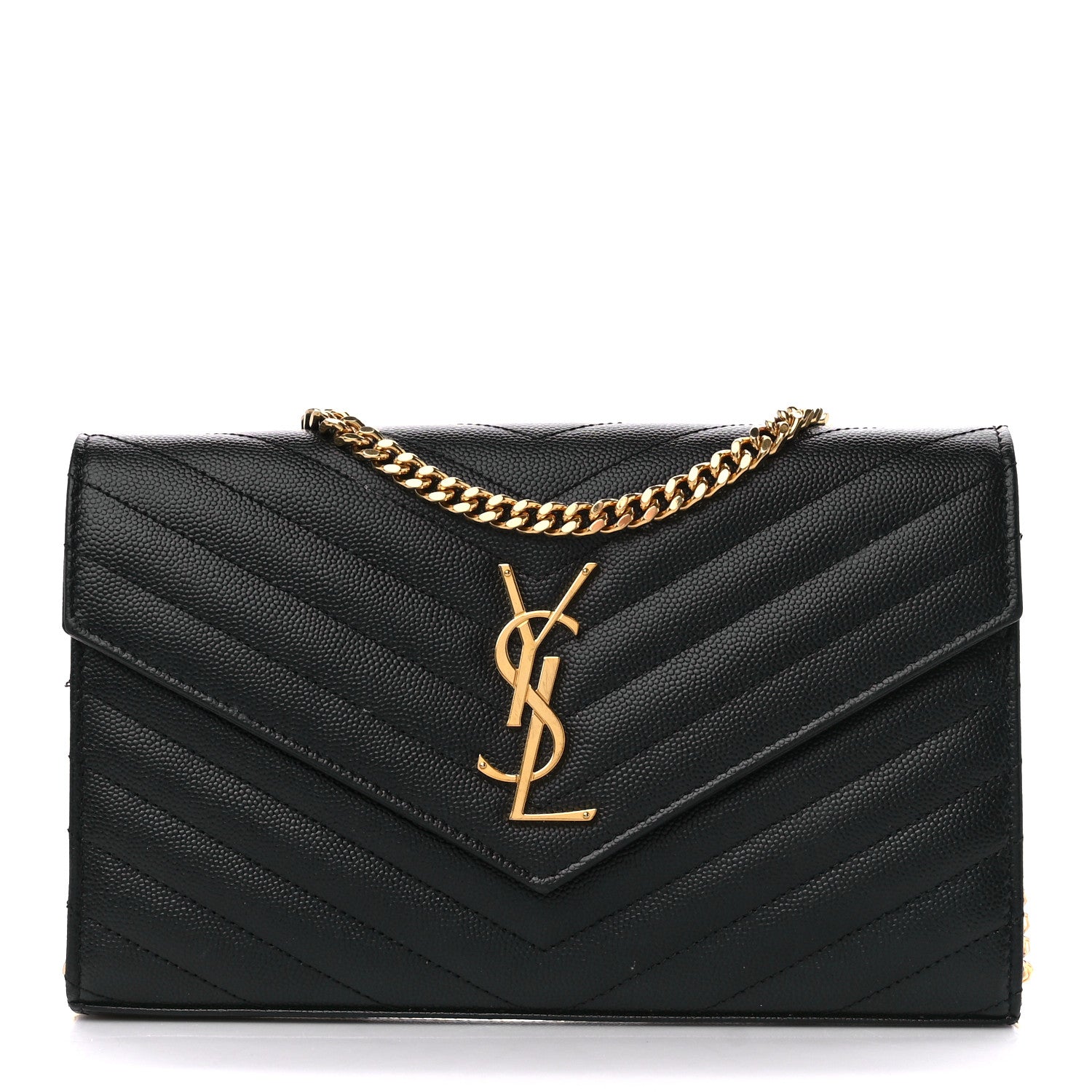 Saint Laurent Grain De Poudre Matelasse Chevron Monogram Chain Wallet Black 1 of 11