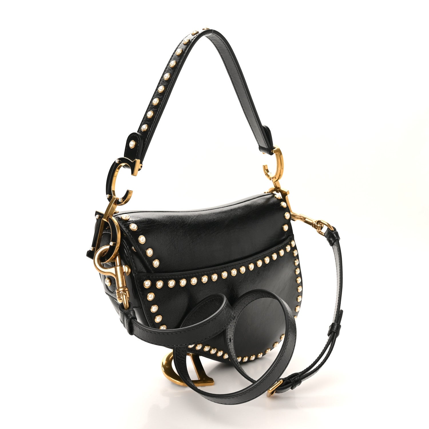 Christian Dior Crinkled Patent Lambskin Studded Saddle Bag With Strap Black 3 of 10
