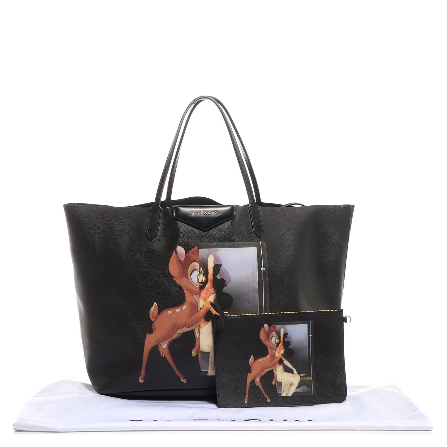 Textured Coated Canvas Bambi Print Large Antigona Tote Black