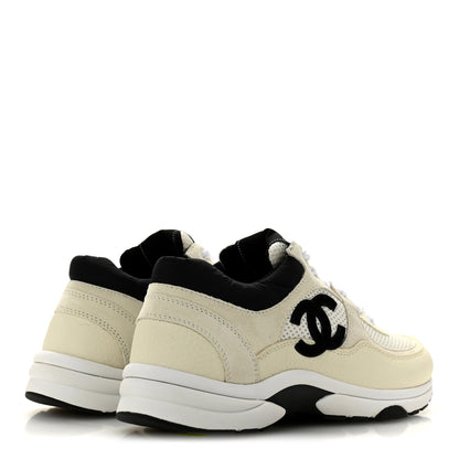 Chanel Mesh Suede Calfskin Grained Calfskin Womens CC Sneakers 38.5 White Black 5 of 10