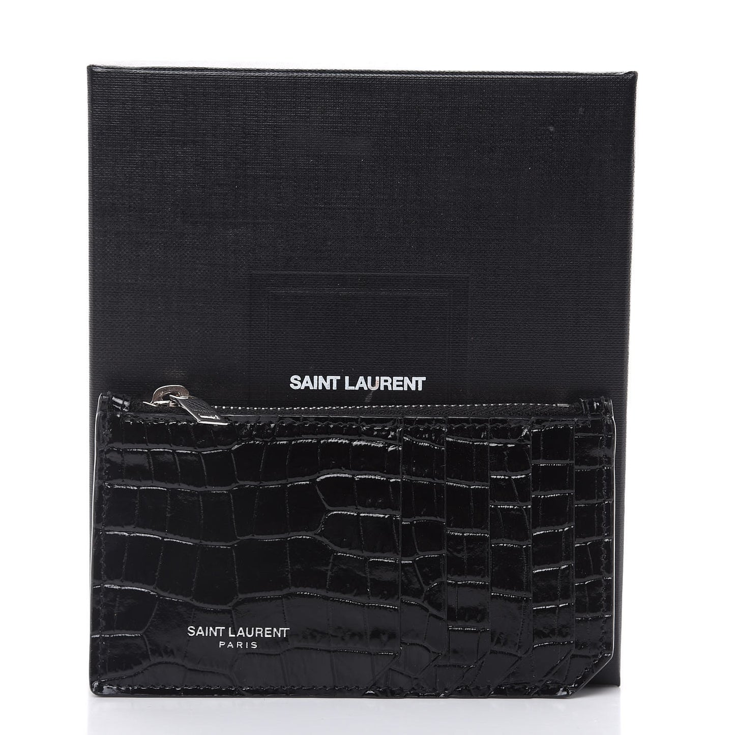 Calfskin Crocodile Embossed 5 Fragments Zip Pouch Card Holder Black