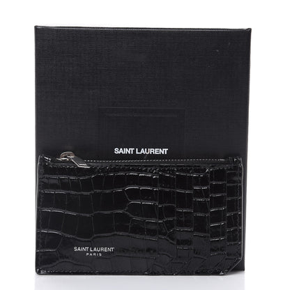 Saint Laurent Calfskin Crocodile Embossed 5 Fragments Zip Pouch Card Holder Black 6 of 6