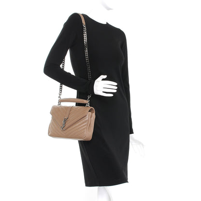 Saint Laurent Sheepskin Matelasse Chevron Monogram Medium College Bag Taupe 2 of 7